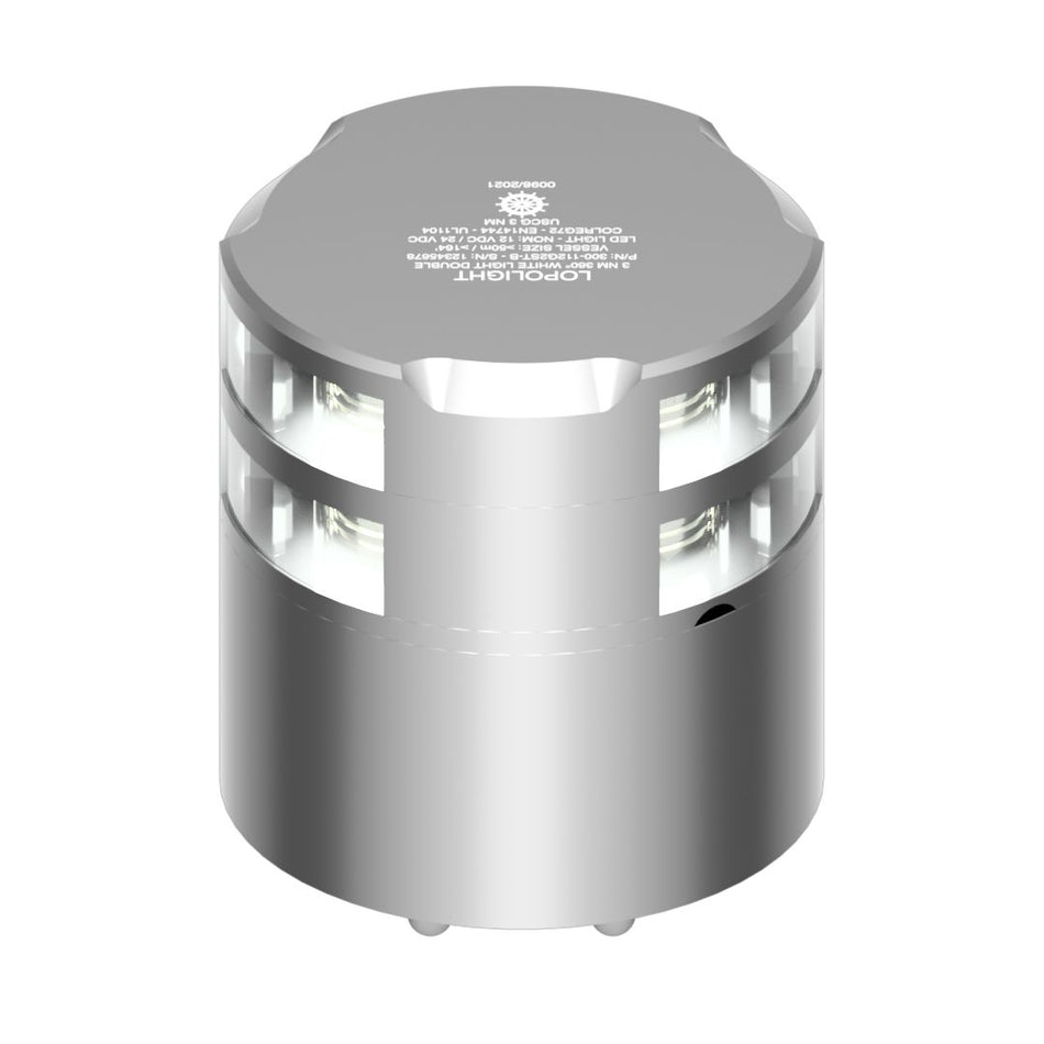 Lopolight Double-Stacked 360° Navigation Light, 3NM, White Light, Silver Anodized, 10-32VDC, IP68 — Quality Boat Parts