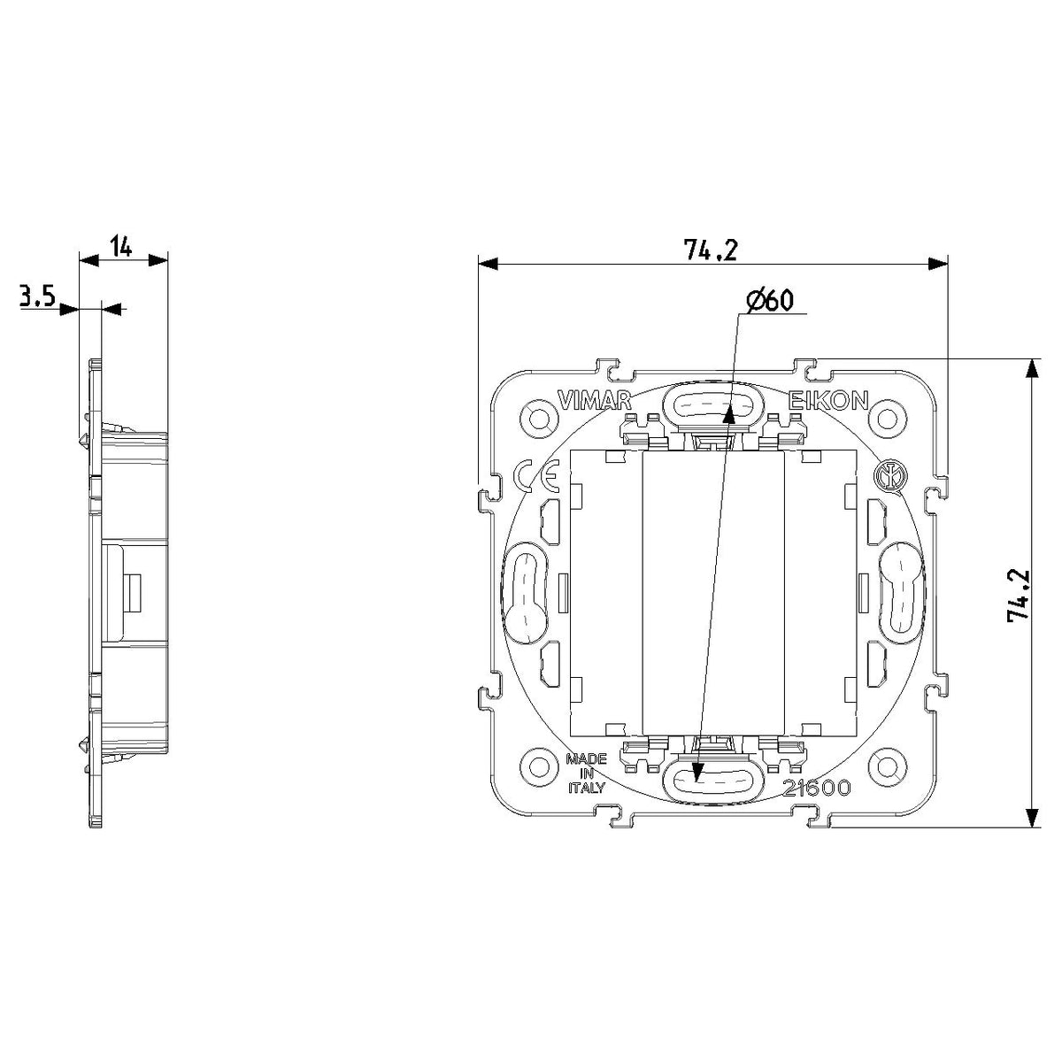 Vimar Eikon 1-Module Mounting Frame, No Screws, For 60 mm or 56 x 56 mm Boxes — Quality Boat Parts