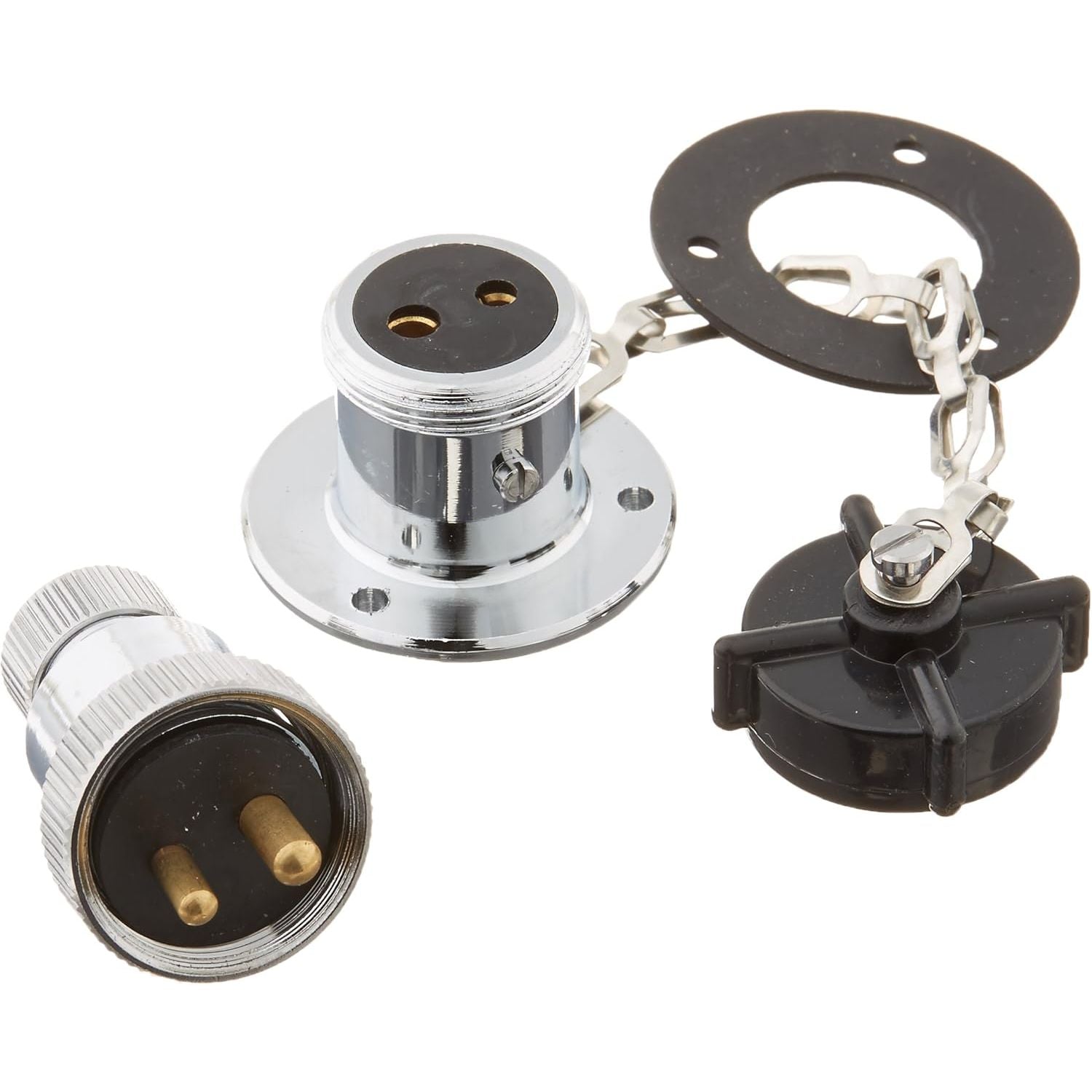 Hella Marine 2-Pole Plug and Socket, Water-Resistant, Chrome Brass, 10A at 12V, Screw Terminals, For 6.5mm Cable, With Plastic Cap — Quality Boat Parts
