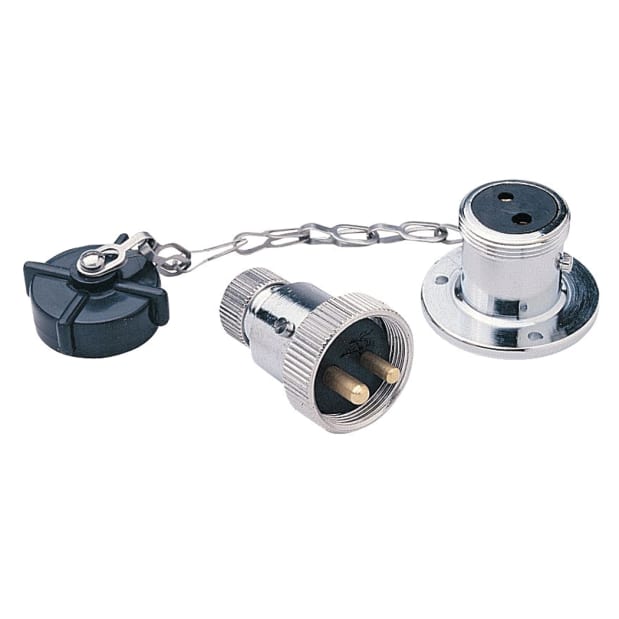 Hella Marine 2-Pole Plug and Socket, Water-Resistant, Chrome Brass, 10A at 12V, Screw Terminals, For 6.5mm Cable, With Plastic Cap — Quality Boat Parts