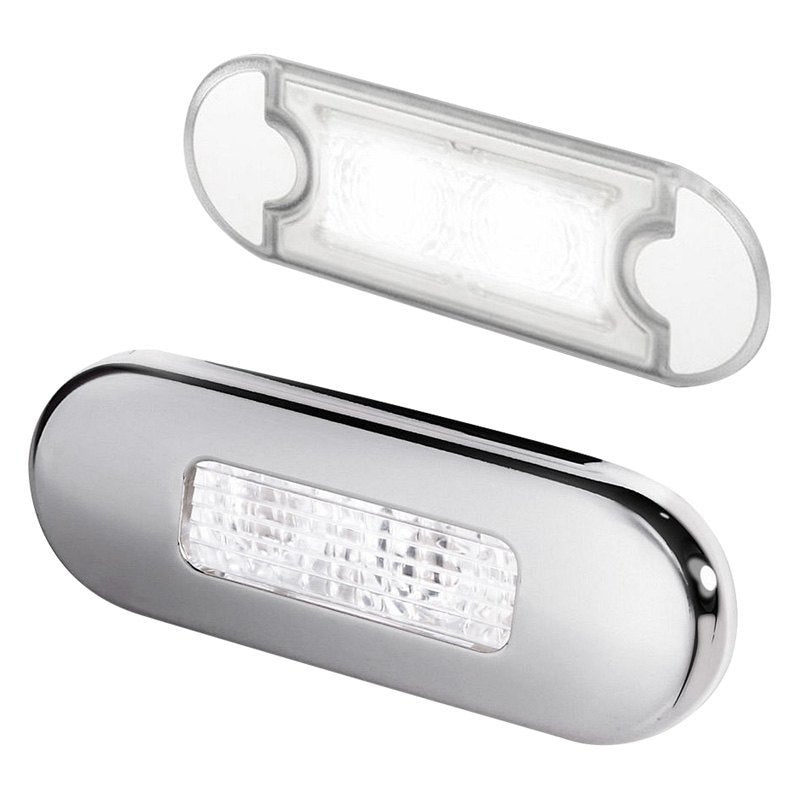 Hella Marine 0869 Surface Mount Oblong LED Courtesy Lamp, 12/24V DC, IP67, Polished 316 Stainless Steel Bezel, 84 mm Wide — Quality Boat Parts
