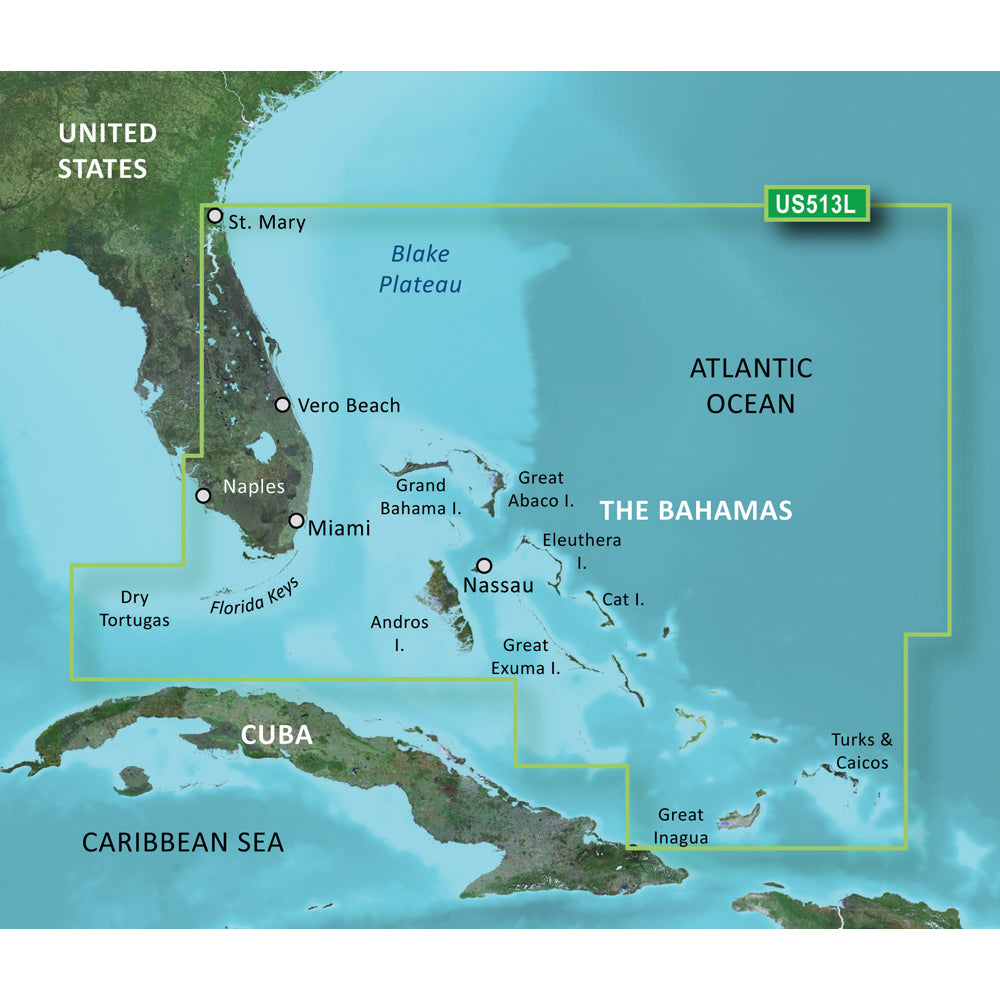 Garmin BlueChart g3 Vision VUS513L Coastal Chart, Jacksonville FL to Bahamas, Auto Guidance, High-Resolution Relief Shading, 3D Views, Aerial Photos — Quality Boat Parts