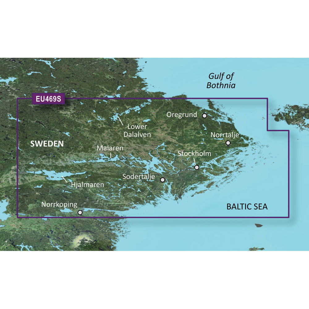 Garmin BlueChart g3 Vision VEU469S Electronic Chart, Stockholm & Mälaren, Auto Guidance, Depth Range Shading up to 10 Ranges, 1 ft Contours, Shallow Water Shading, High-Resolution Satellite Imagery, Aerial Photography, MarinerEye and FishEye 3D Views — Quality Boat Parts