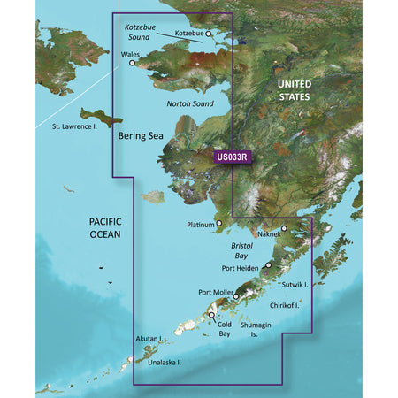 Garmin BlueChart g3 Vision Coastal Chart, VUS033R Bristol Bay to Kotzebue Sound Coverage, Garmin/Navionics Data, Auto Guidance, Up to 1 ft Contours — Quality Boat Parts