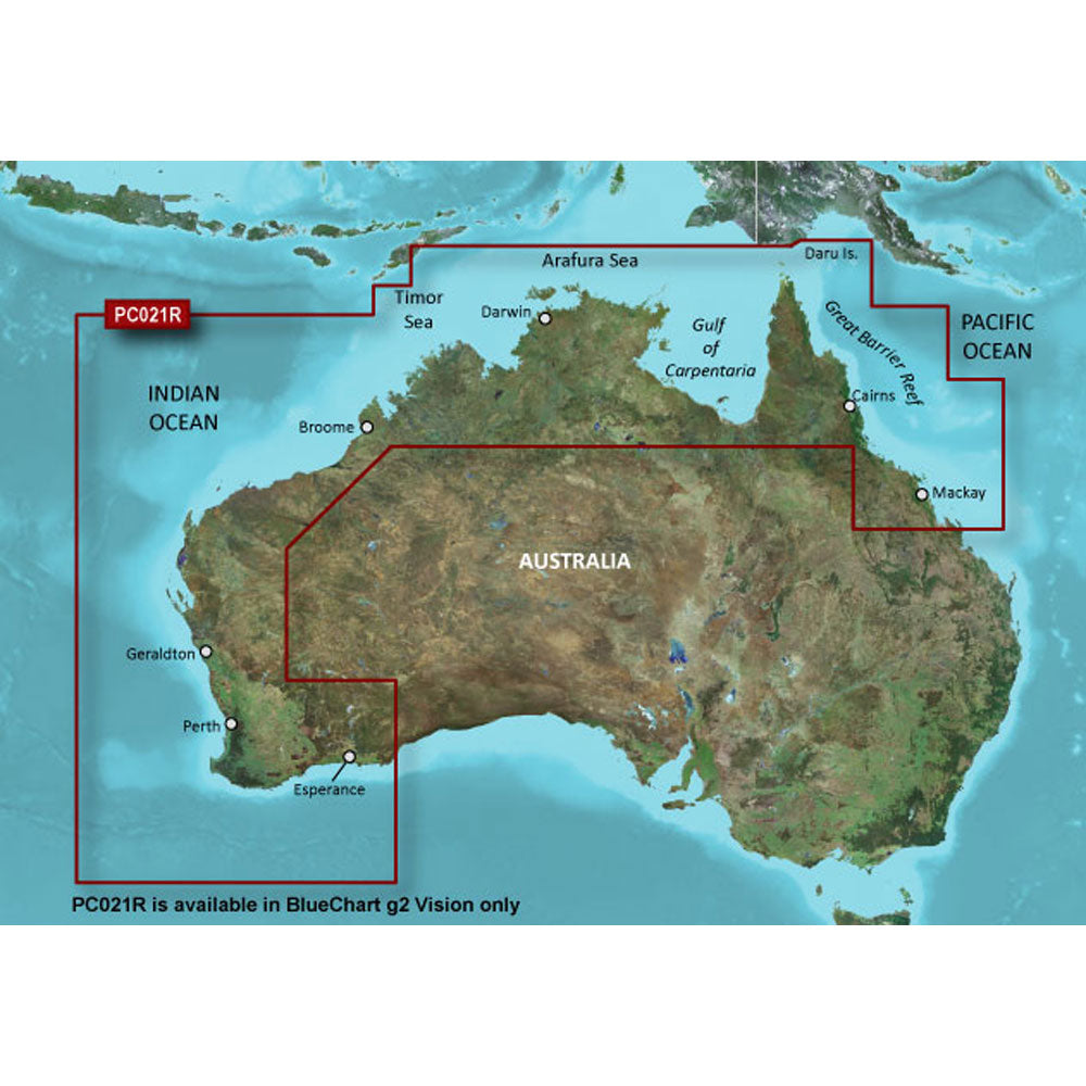Garmin BlueChart g3 Vision Electronic Chart, VPC021R, Australia (Mackay to Esperance), Auto Guidance, Depth Range Shading (10 Depth Ranges), 1 ft Contours, 3D MarinerEye and FishEye Views, High-Resolution Satellite Imagery — Quality Boat Parts