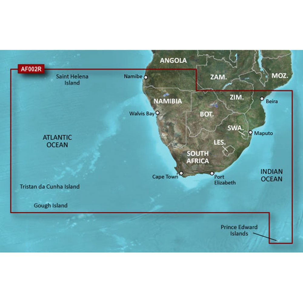 Garmin BlueChart Navigation Chart, Southern Africa Coastal and Inland, Up to 1 ft Contours, Depth Range Shading, Shallow Water Shading — Quality Boat Parts