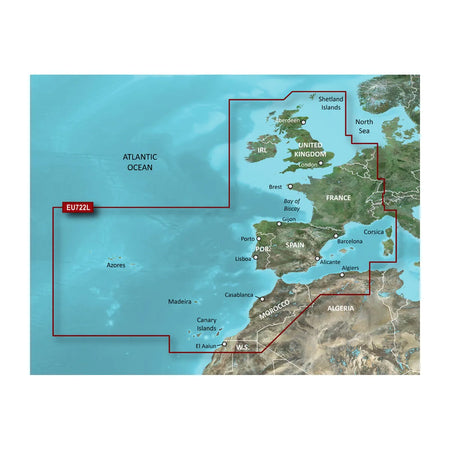 Garmin VEU722L Europe Atlantic Coast BlueChart g3 Vision Chart, Integrated Garmin/Navionics Data, Auto Guidance, 1 ft Contours — Quality Boat Parts