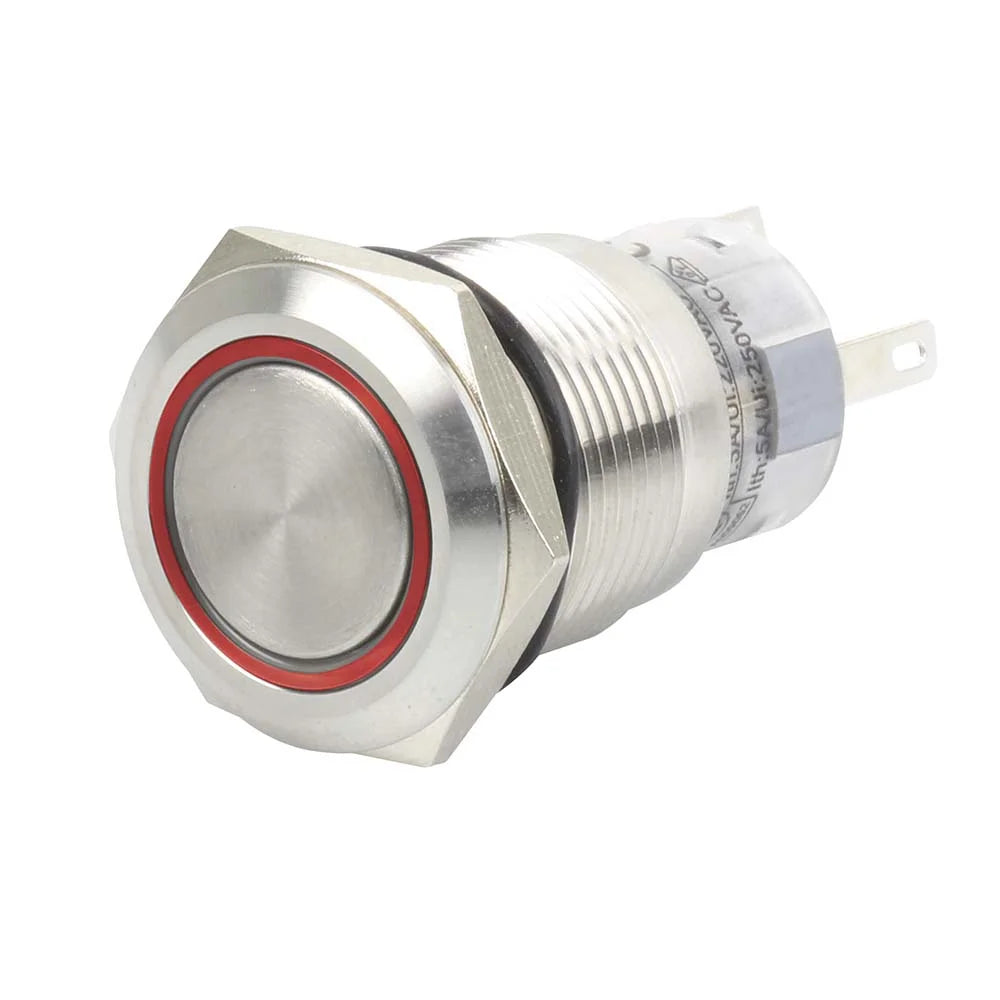Hella Marine 8455 LED Ring Push Button Switch, IP67, 5A, 19mm, Through-Panel Mount, 304 Stainless Steel, 5-Pin Terminal, 1NO/1NC — Quality Boat Parts