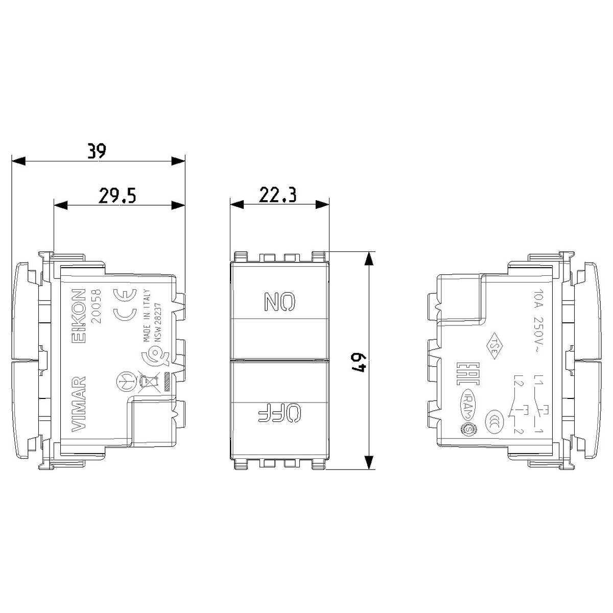 Vimar Eikon Two Independent Push Buttons, 1P NO + 1P NC, 10A, 250V, ON/OFF Symbols — Quality Boat Parts