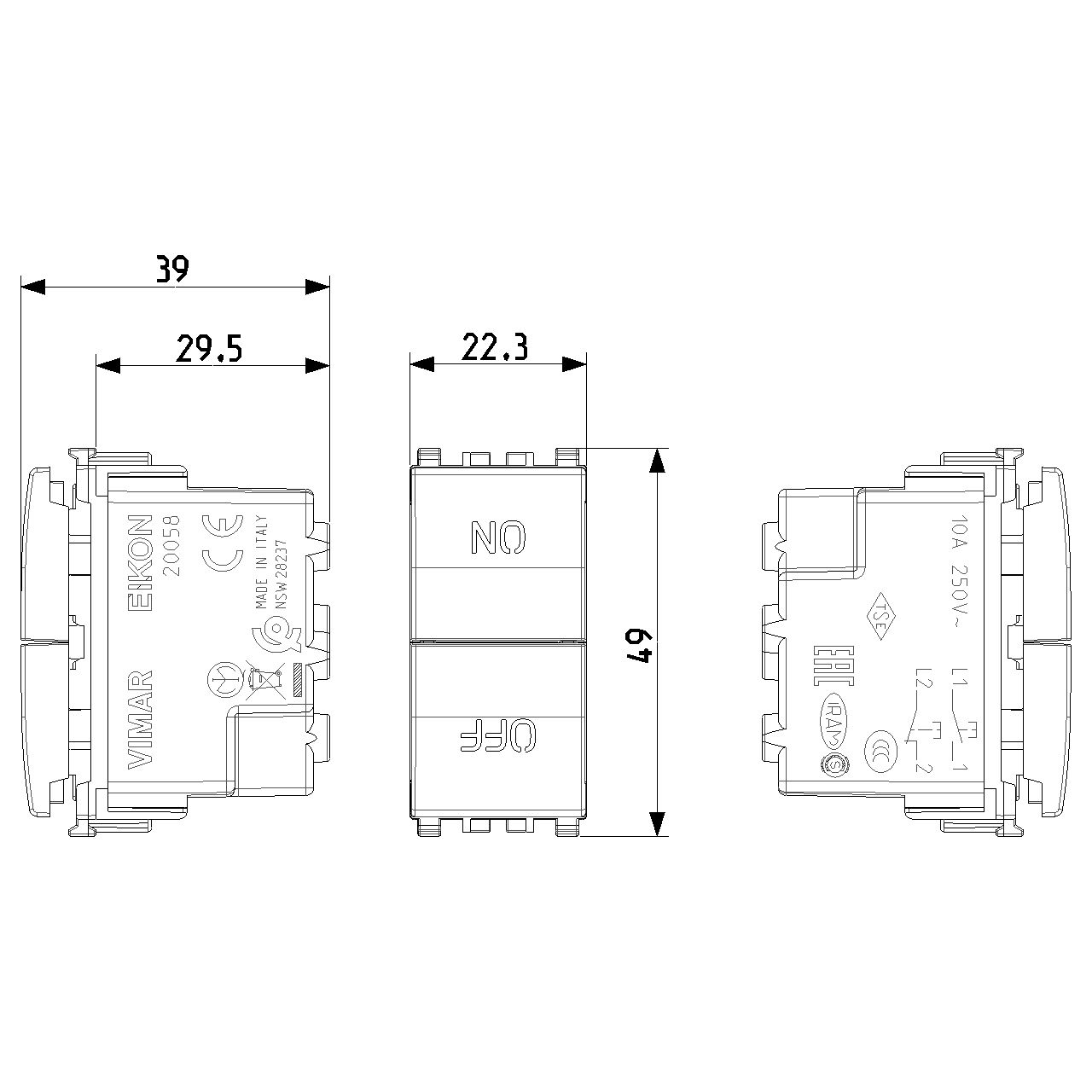 Vimar Eikon Two Independent Push Buttons, 1P NO + 1P NC, 10A, 250V, ON/OFF Symbols — Quality Boat Parts