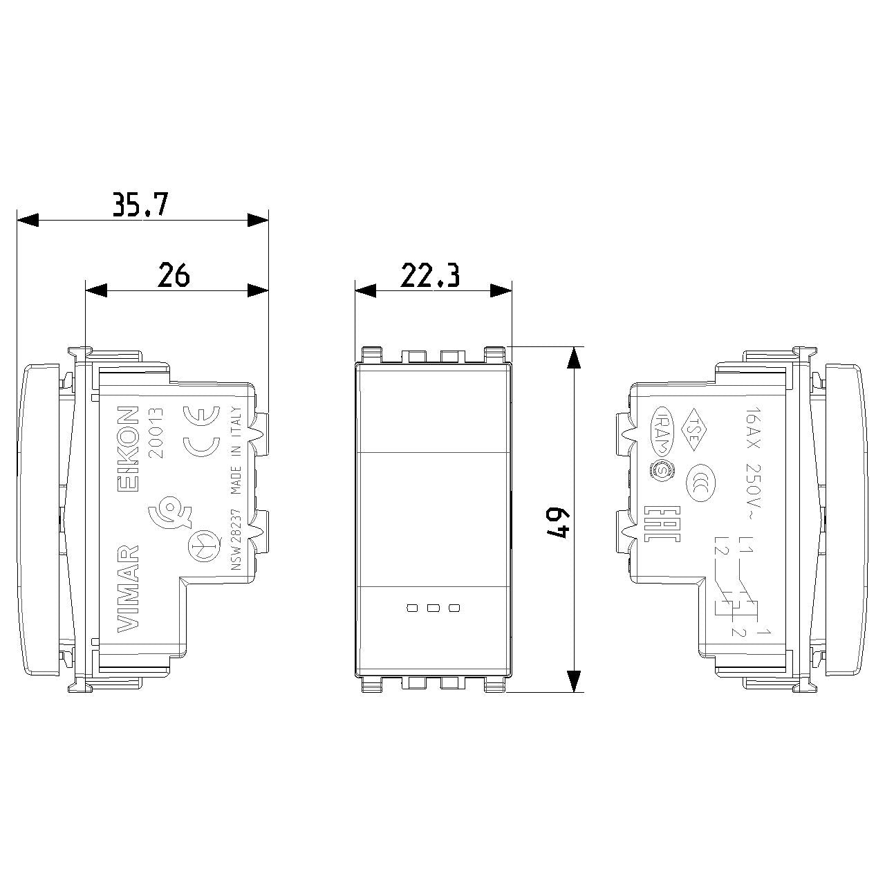 Vimar Eikon Reversing Switch, 1P 16AX 250V, IP40, Lightable, Replaceable Button — Quality Boat Parts