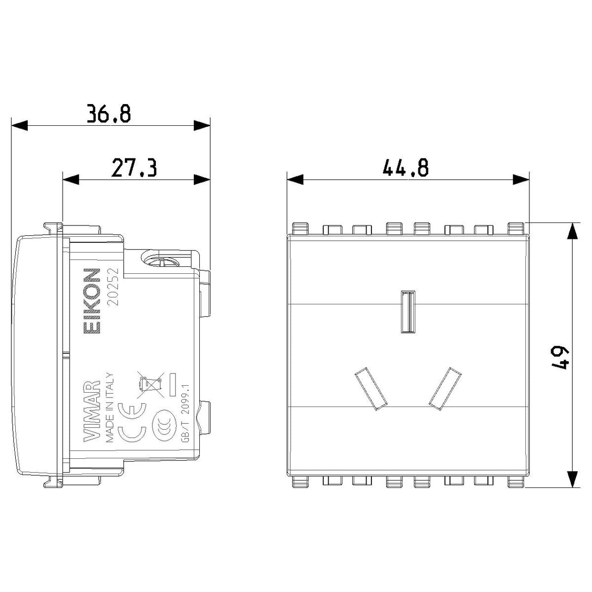 Vimar Eikon Chinese SICURY Socket Outlet, 2P+E 10A 250V, 2-Module — Quality Boat Parts