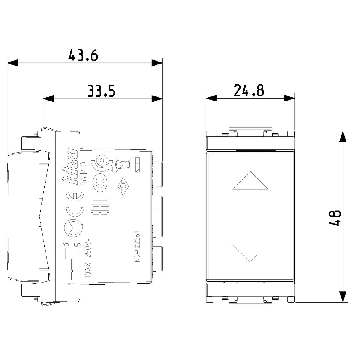Vimar Idea 2-Way Switch, 1P, 10 AX, 250 V, 3 Terminals, Central OFF Position — Quality Boat Parts