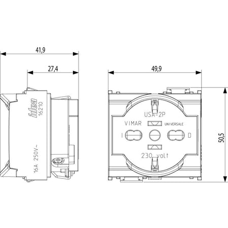 Vimar Idea SICURY 2P+E Universal Socket Outlet, 16A 250V, 2-Module, IP20 — Quality Boat Parts