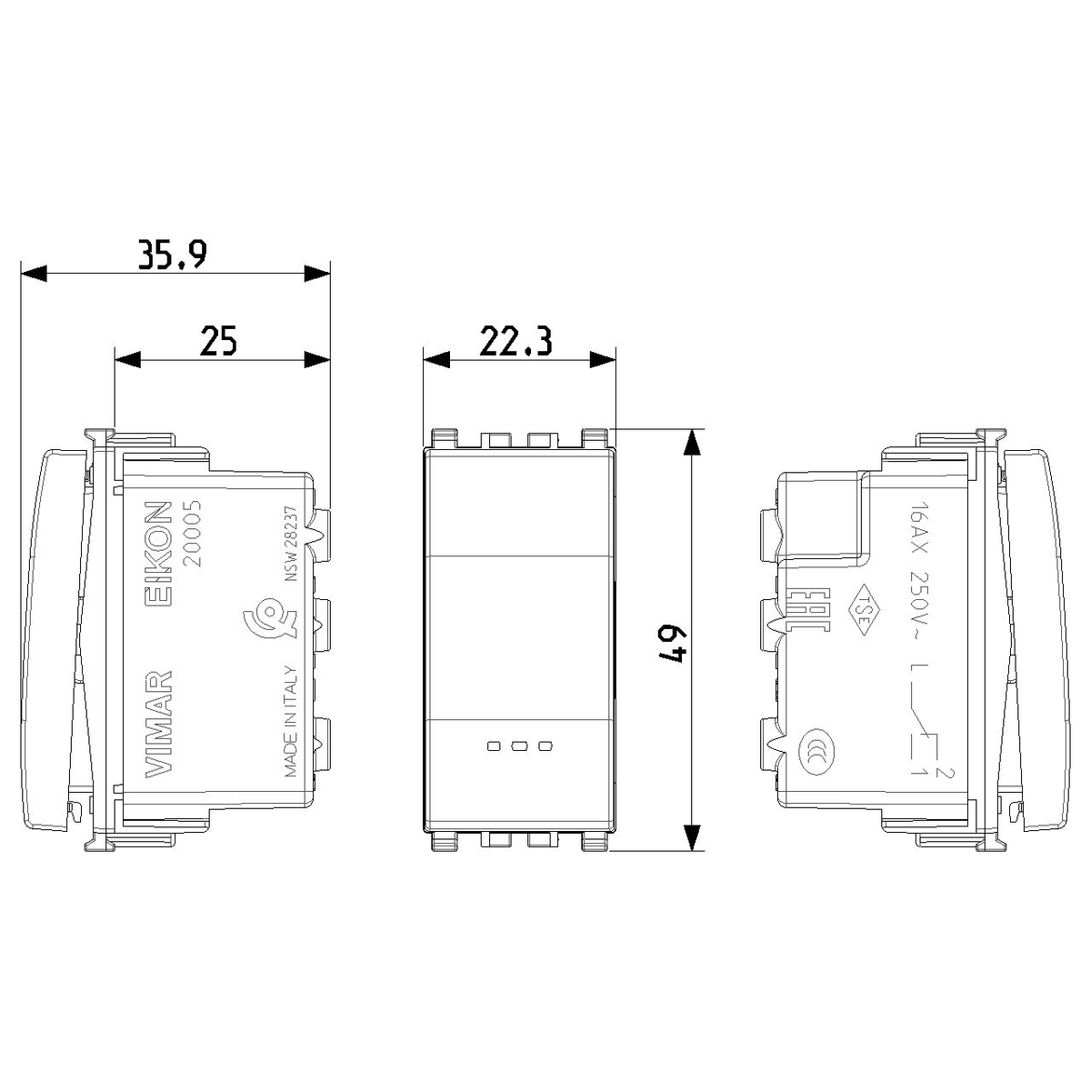 Vimar Eikon 2-Way Rocker Switch, 1P, 16AX, 250V, IP40, Lightable, Replaceable Button — Quality Boat Parts