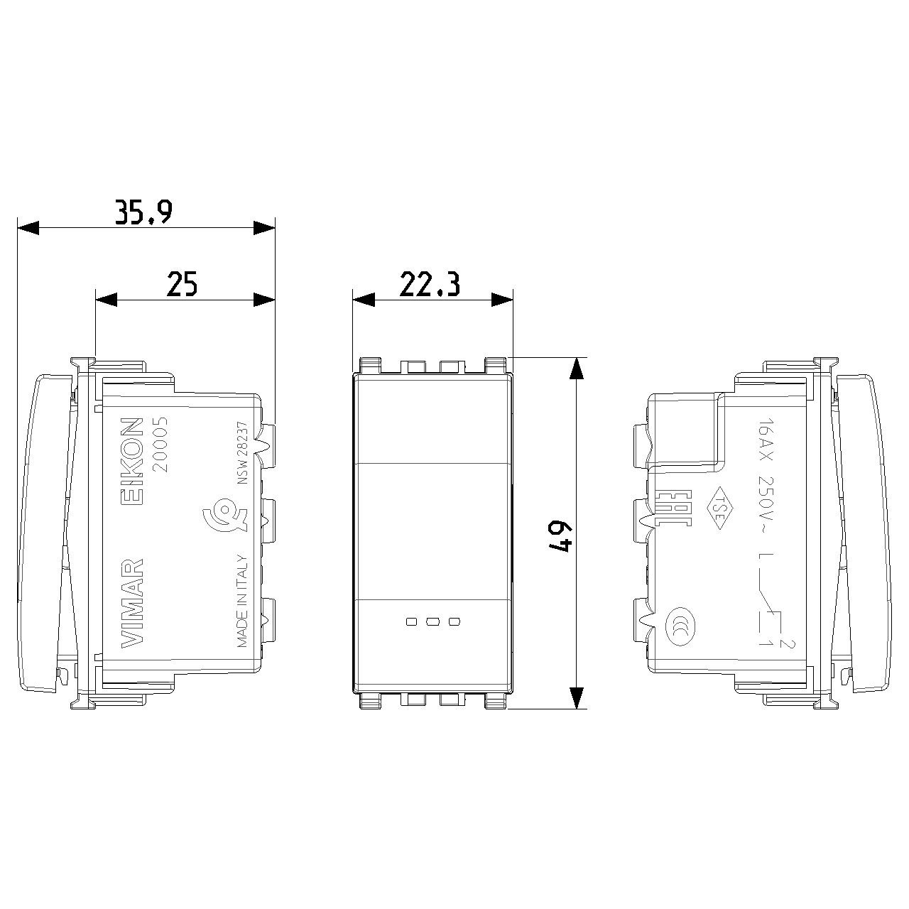 Vimar Eikon 2-Way Rocker Switch, 1P, 16AX, 250V, IP40, Lightable, Replaceable Button — Quality Boat Parts