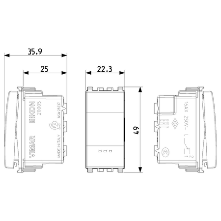 Vimar Eikon 2-Way Rocker Switch, 1P, 16AX, 250V, IP40, Lightable, Replaceable Button — Quality Boat Parts