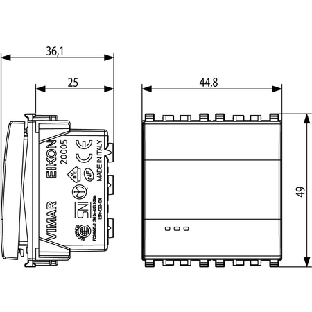 Vimar Eikon 2-Way Rocker Switch, 1P, 16AX, 250V, IP40, Lightable, Replaceable Button — Quality Boat Parts