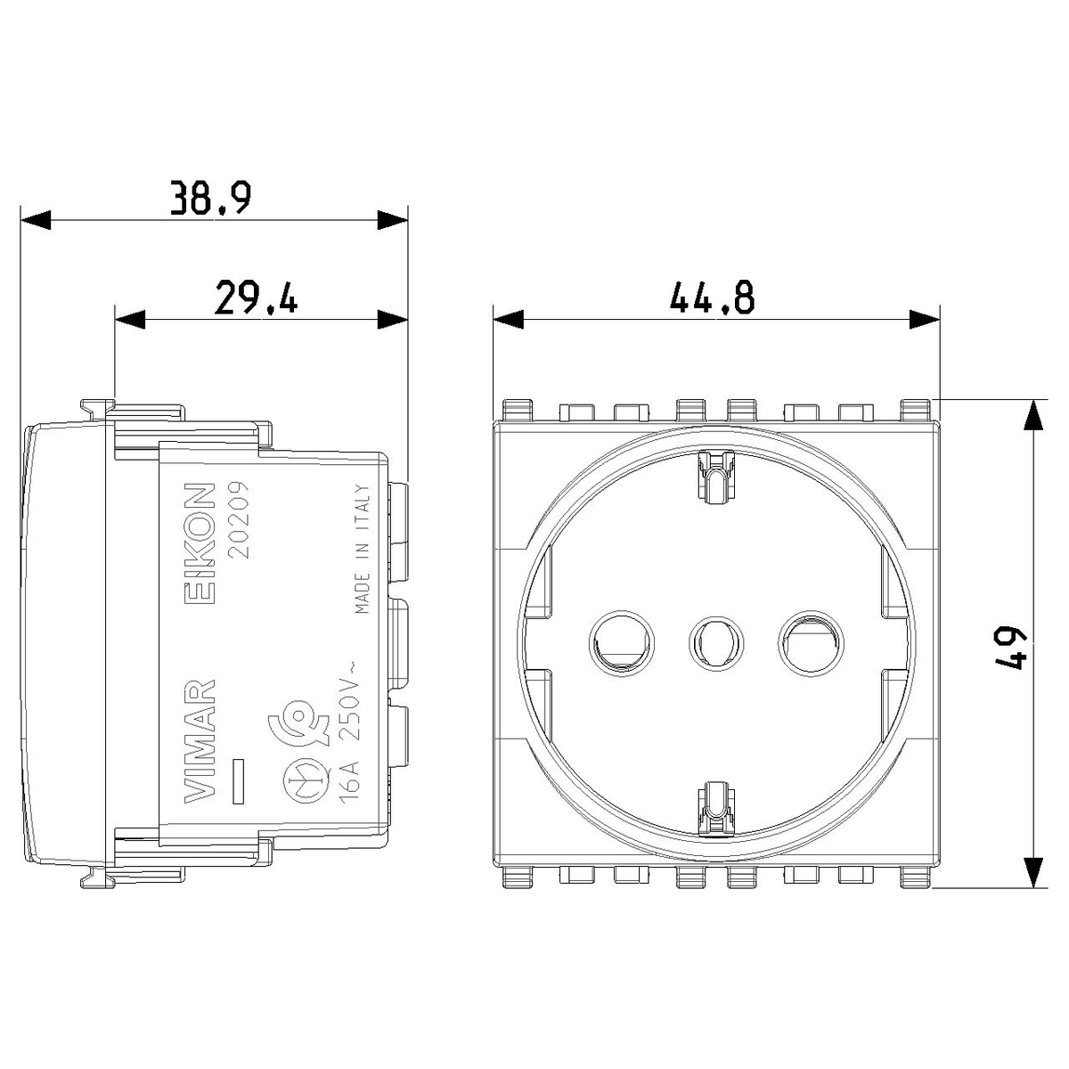 Vimar Eikon P30 SICURY Socket Outlet, 2P+E, 16A 250V, 2 Module — Quality Boat Parts