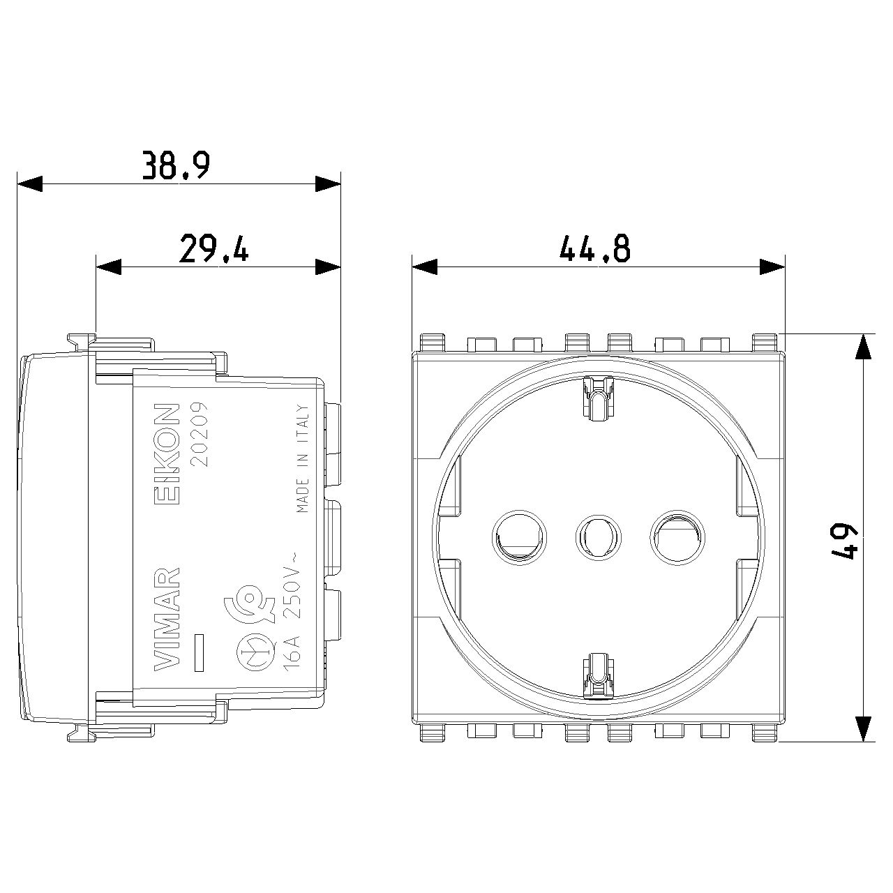 Vimar Eikon P30 SICURY Socket Outlet, 2P+E, 16A 250V, 2 Module — Quality Boat Parts