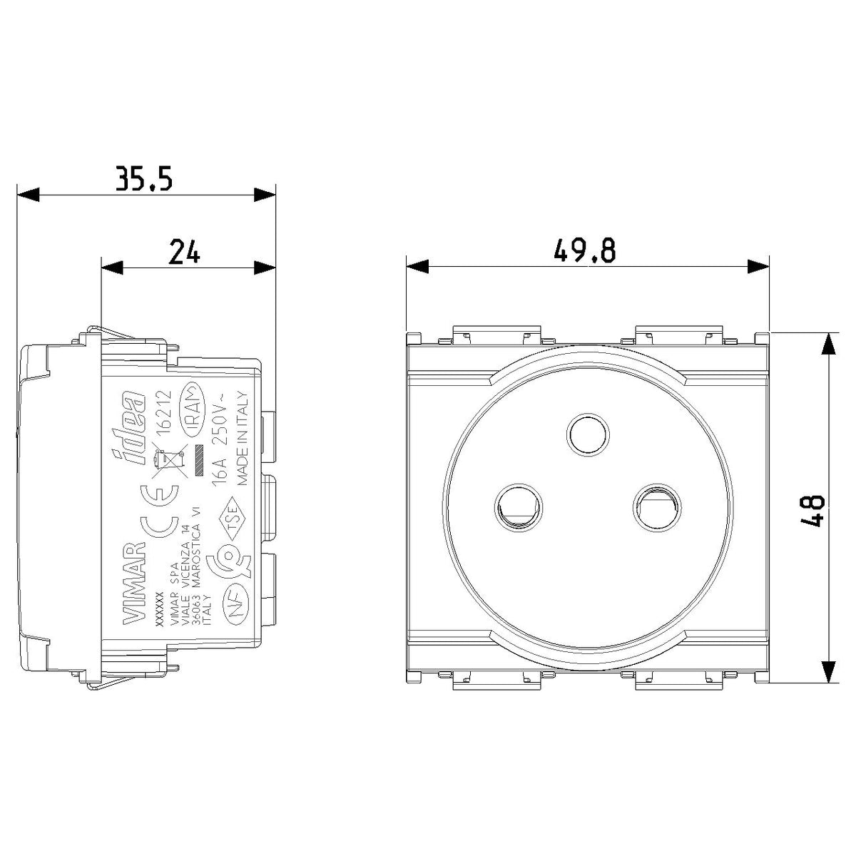 Vimar Idea SICURY French Standard Socket Outlet, 2P+E, 16A, 250V, 2 Modules, IP20 — Quality Boat Parts