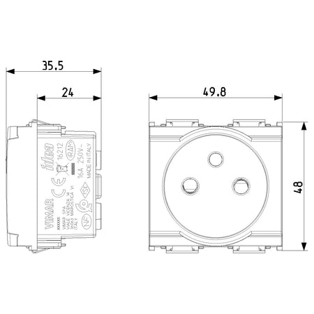 Vimar Idea SICURY French Standard Socket Outlet, 2P+E, 16A, 250V, 2 Modules, IP20 — Quality Boat Parts