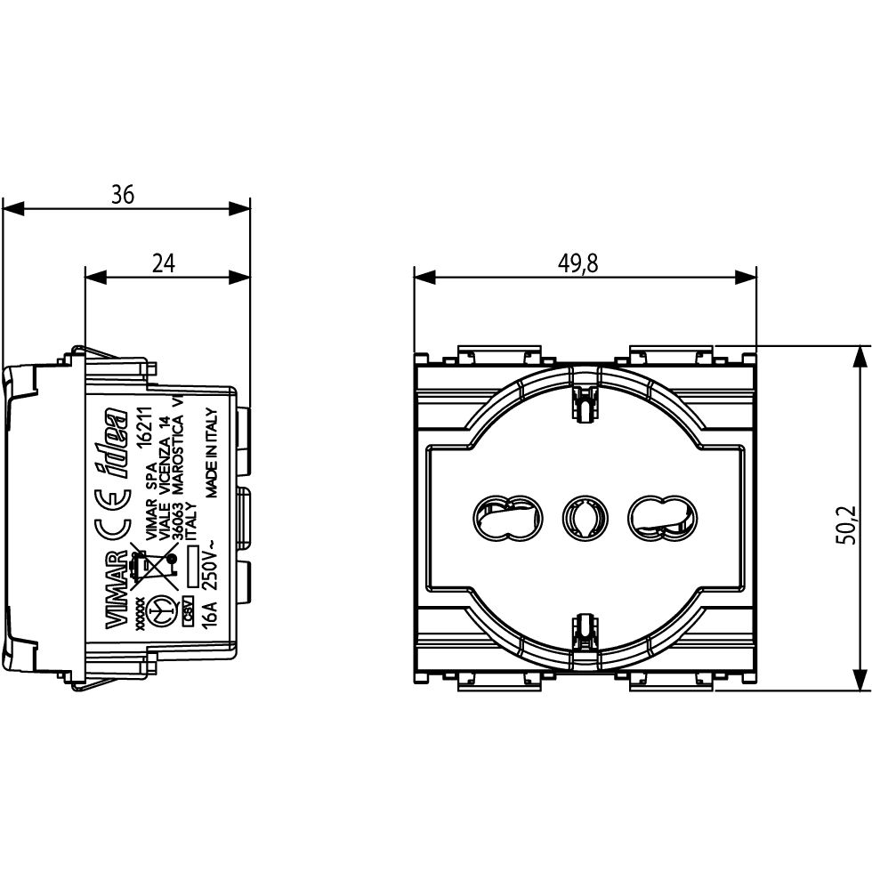 Vimar Idea SICURY Universal Socket Outlet, 2P+E, 16A, 250V, P40 Italian Standard, 2 Modules, IP20 — Quality Boat Parts