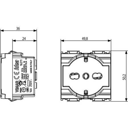 Vimar Idea SICURY Universal Socket Outlet, 2P+E, 16A, 250V, P40 Italian Standard, 2 Modules, IP20 — Quality Boat Parts