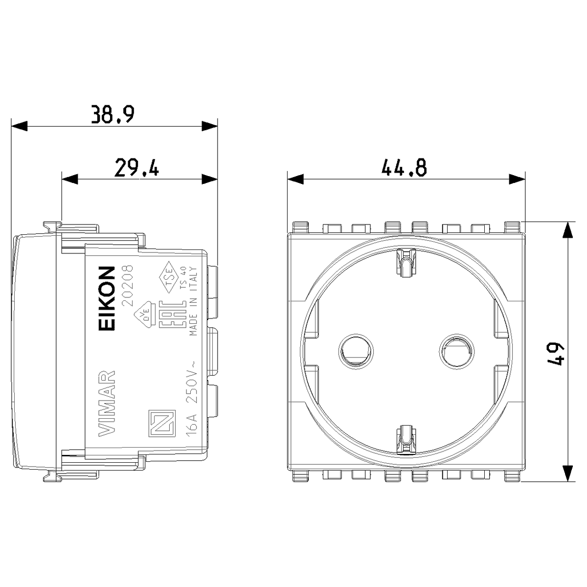 Vimar Eikon SICURY Schuko Socket Outlet, 2P+E, 16A 250V, 2M, IP20 — Quality Boat Parts