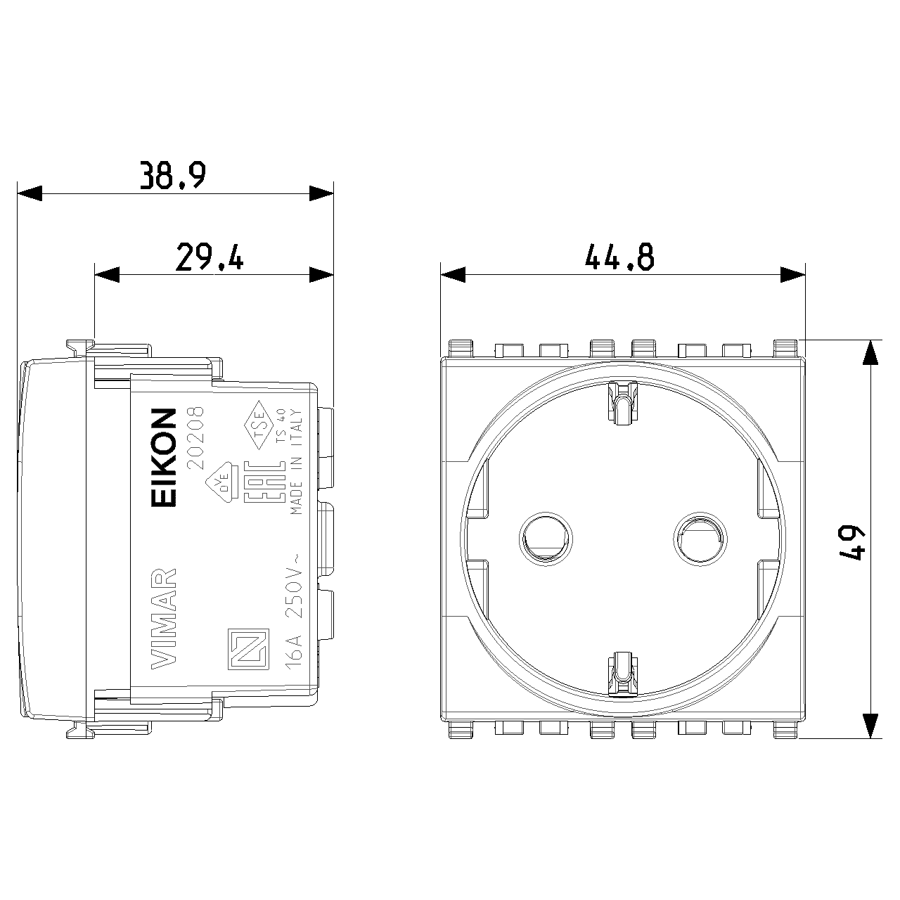 Vimar Eikon SICURY Schuko Socket Outlet, 2P+E, 16A 250V, 2M, IP20 — Quality Boat Parts