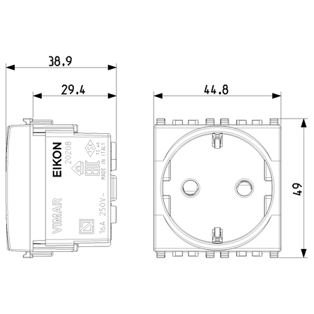Vimar Eikon SICURY Schuko Socket Outlet, 2P+E, 16A 250V, 2M, IP20 — Quality Boat Parts
