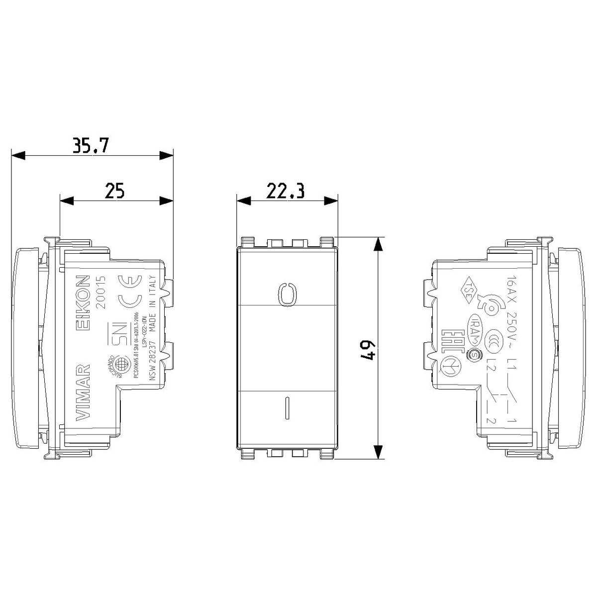 Vimar Eikon 2-Pole 1-Way Rocker Switch, 16AX, 250V, Lightable, Replaceable Button — Quality Boat Parts