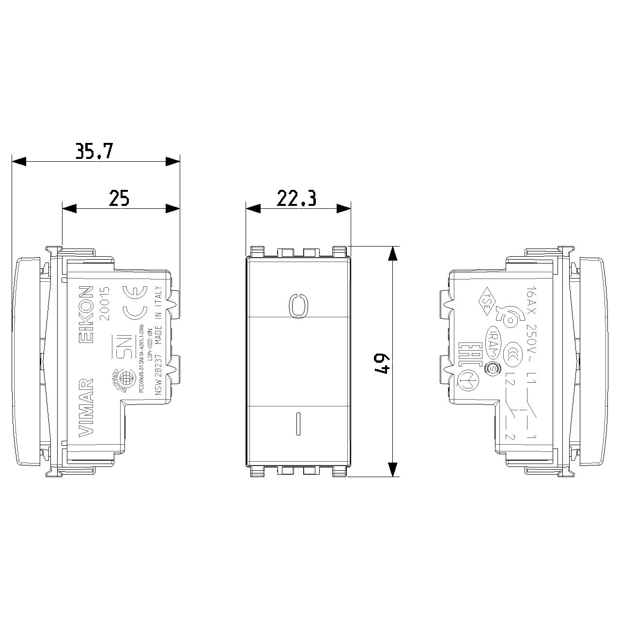 Vimar Eikon 2-Pole 1-Way Rocker Switch, 16AX, 250V, Lightable, Replaceable Button — Quality Boat Parts