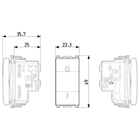 Vimar Eikon 2-Pole 1-Way Rocker Switch, 16AX, 250V, Lightable, Replaceable Button — Quality Boat Parts