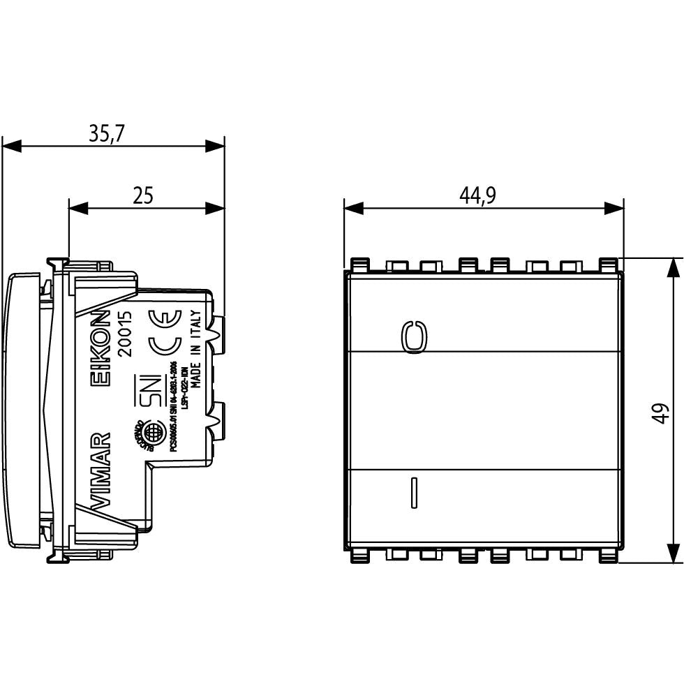Vimar Eikon 2-Pole 1-Way Rocker Switch, 16AX, 250V, Lightable, Replaceable Button — Quality Boat Parts