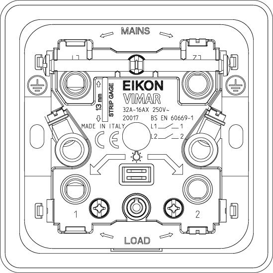 Vimar Eikon 2P 32A 1-Way Switch, For British Standard Mounting Boxes, 250V, 3-Module, IP40 — Quality Boat Parts