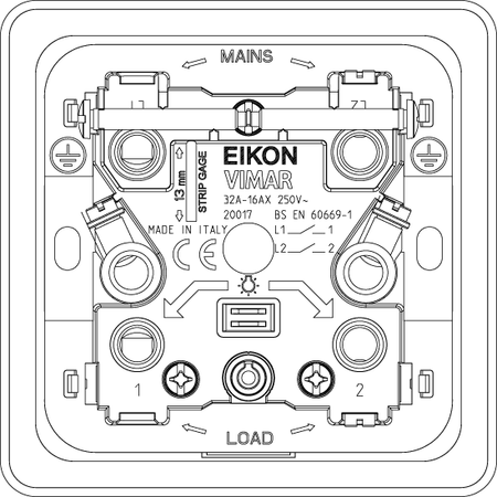 Vimar Eikon 2P 32A 1-Way Switch, For British Standard Mounting Boxes, 250V, 3-Module, IP40 — Quality Boat Parts