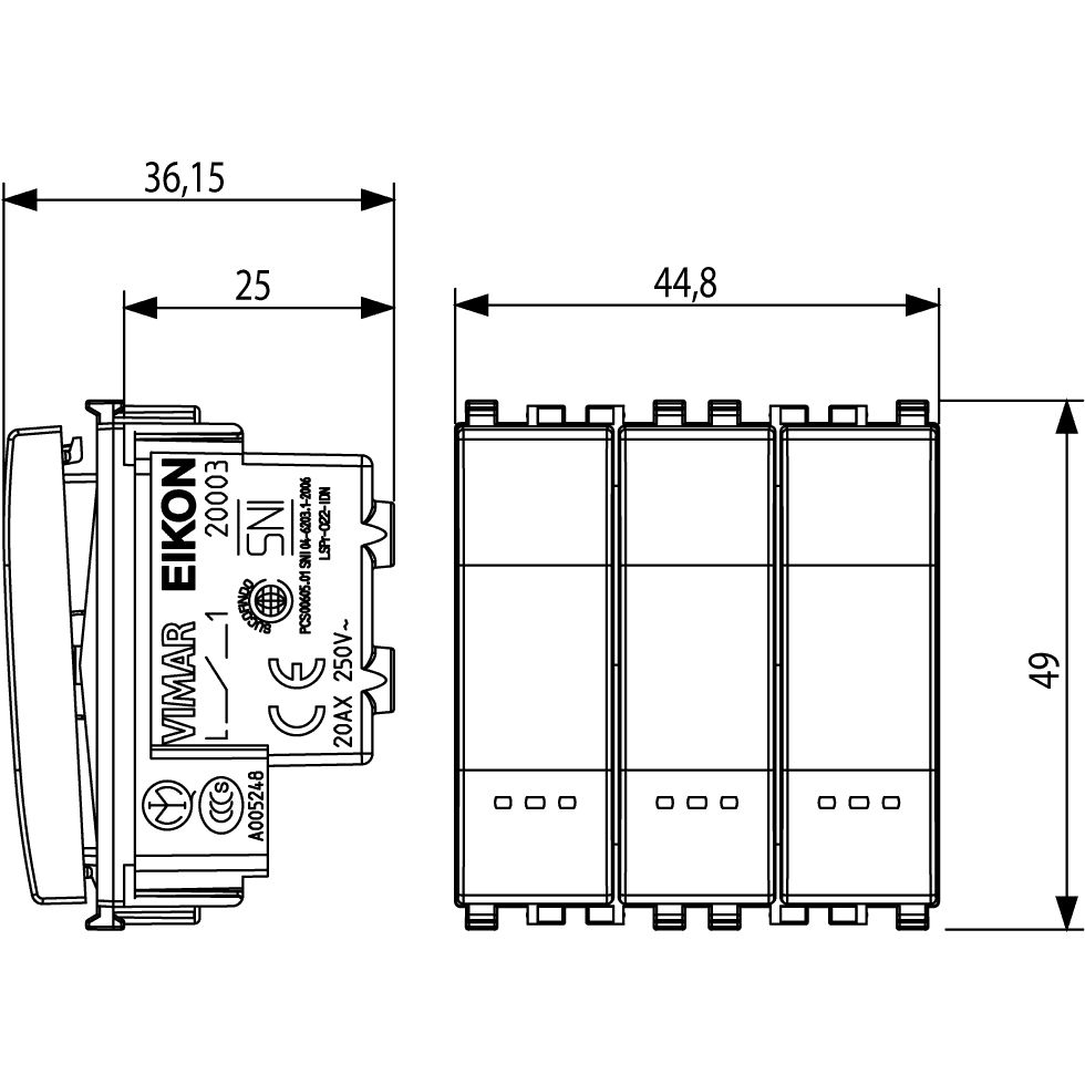 Vimar Eikon 3-Rocker 1-Way Switch, 20AX, 250V, Lightable, 2 Module, IP40 — Quality Boat Parts