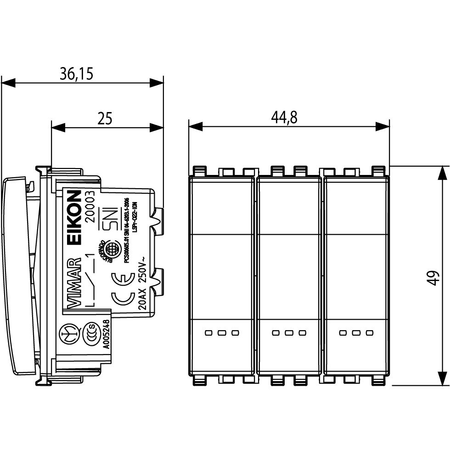Vimar Eikon 3-Rocker 1-Way Switch, 20AX, 250V, Lightable, 2 Module, IP40 — Quality Boat Parts
