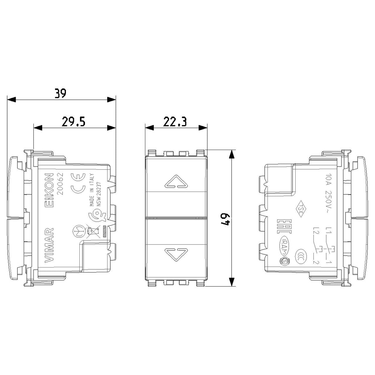 Vimar Eikon Interlocked Push Buttons, NO+NO, 10A, 250V, Directional Arrows — Quality Boat Parts