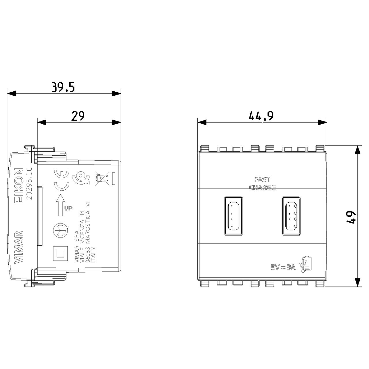 Vimar Eikon 2-Port USB Supply Unit, 5V, 2 Modules, Flush-Mounted — Quality Boat Parts