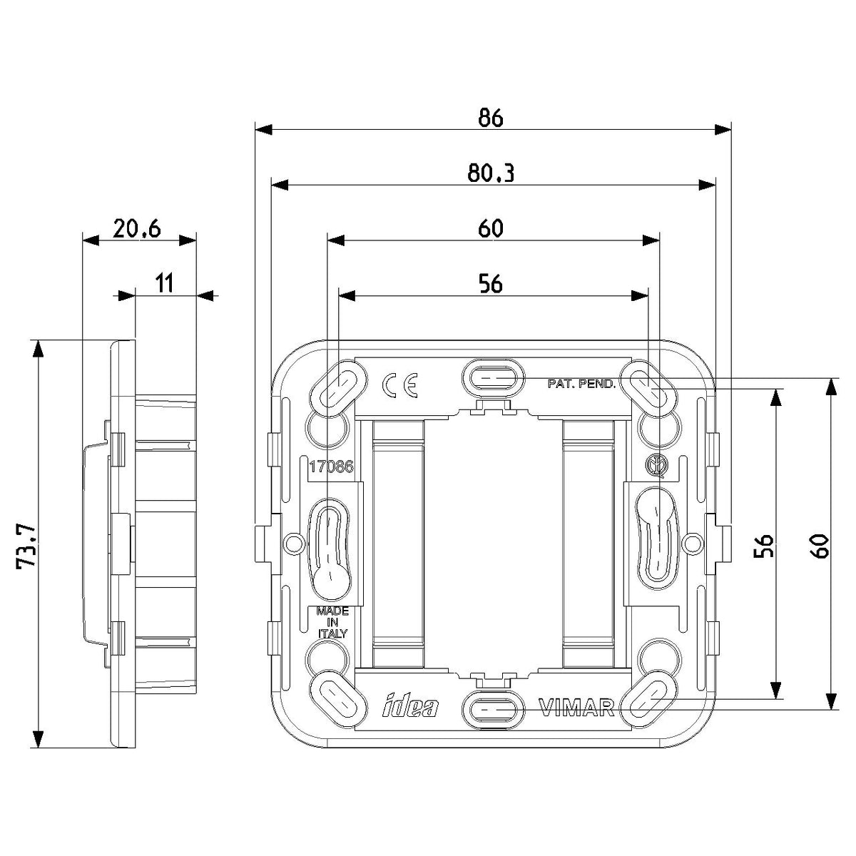 Vimar Idea 17086 1-Module Mounting Frame, For 60 mm or 56x56 mm Flush Boxes, For 09971 Surface Boxes, Smooth Front, Without Screws, Thermoplastic — Quality Boat Parts