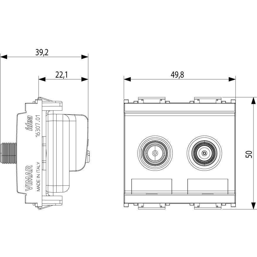 Vimar Idea Coaxial TV-RD-SAT Socket Outlet, 5-2400 MHz, 2 Outputs, 24V 500 mA DC Pass, 2 Modules — Quality Boat Parts