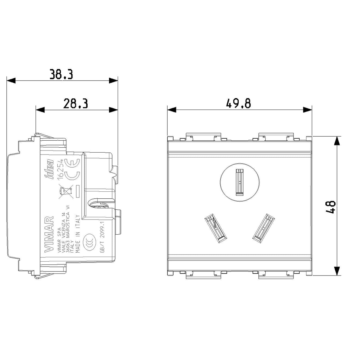 Vimar Idea SICURY Chinese Standard Socket Outlet, 2P+E, 16A 250V, 2 Modules, IP20 — Quality Boat Parts