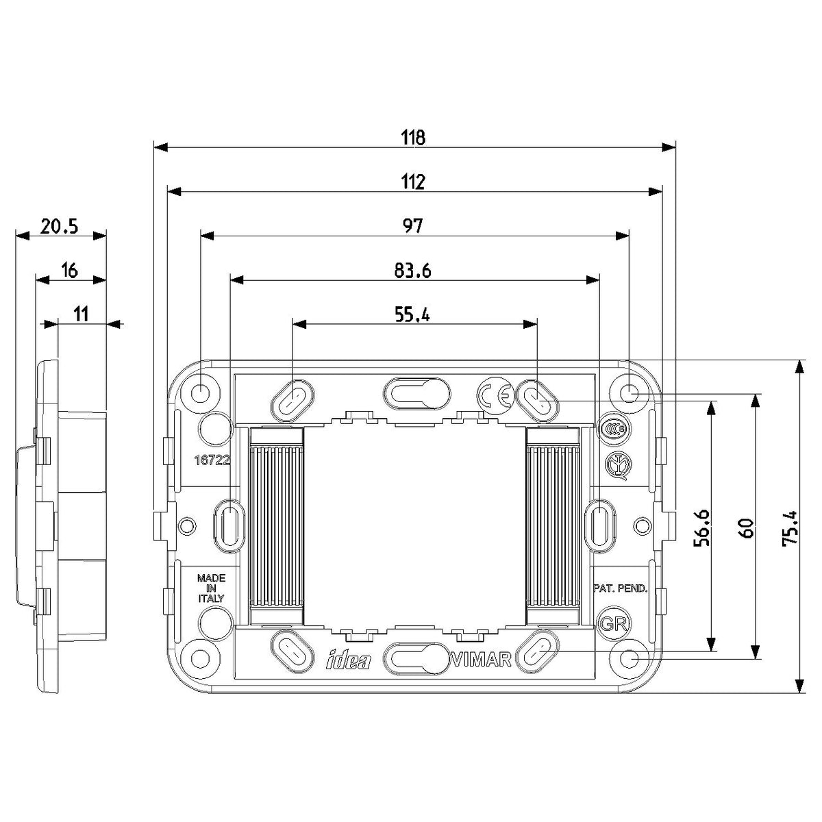 Vimar Idea 2-Module Mounting Frame, For 3-Module Boxes, 60 mm Fixing Centres, Without Screws — Quality Boat Parts