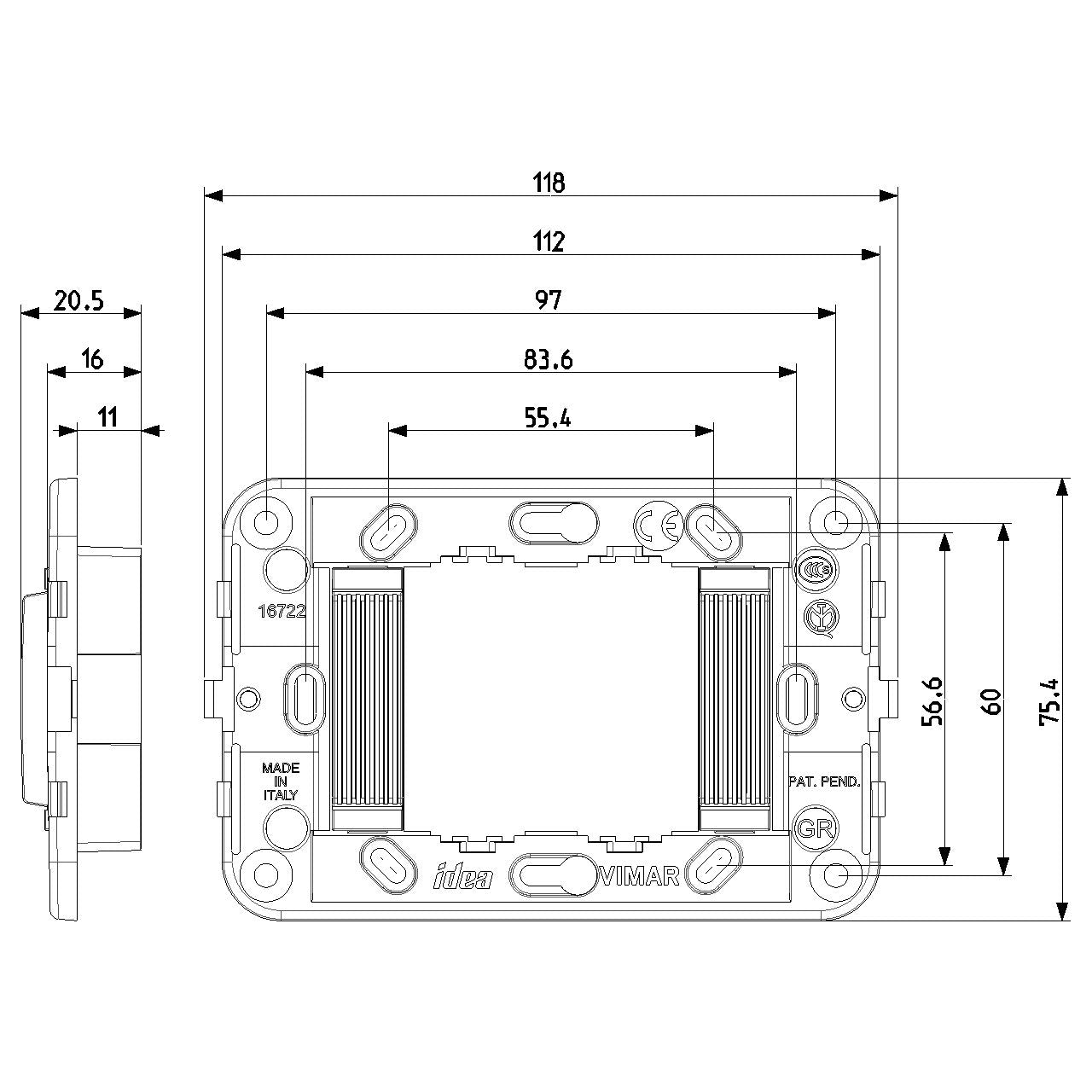 Vimar Idea 2-Module Mounting Frame, For 3-Module Boxes, 60 mm Fixing Centres, Without Screws — Quality Boat Parts