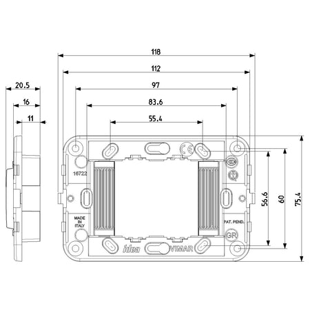 Vimar Idea 2-Module Mounting Frame, For 3-Module Boxes, 60 mm Fixing Centres, Without Screws — Quality Boat Parts