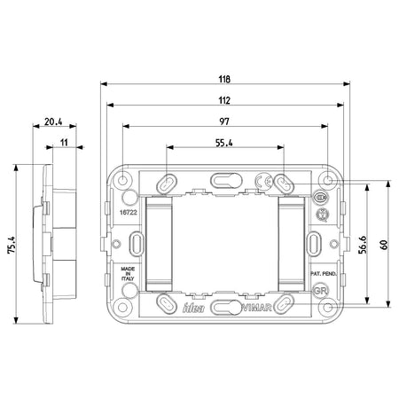 Vimar Idea 2-Module Mounting Frame, For 3-Module Boxes, 60 mm Fixing Centres, Without Screws — Quality Boat Parts