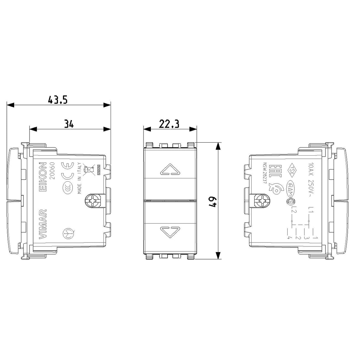Vimar Eikon 2-Way Switch, 2P 10AX, 250V, 6 Terminals, Central OFF — Quality Boat Parts