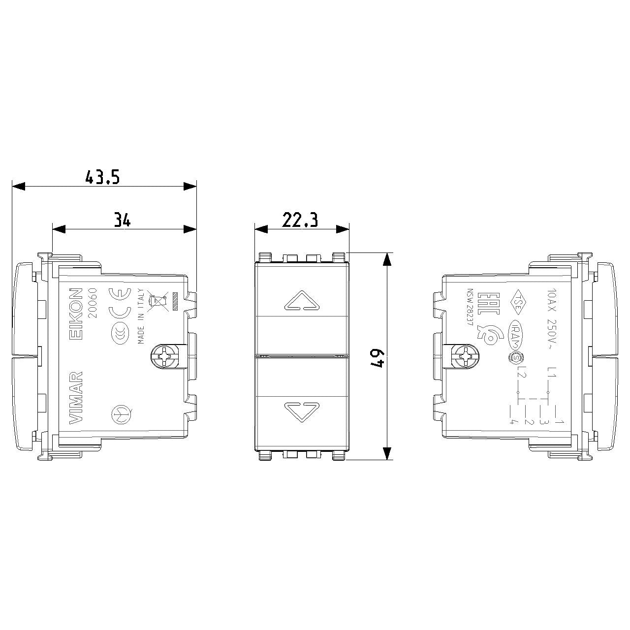 Vimar Eikon 2-Way Switch, 2P 10AX, 250V, 6 Terminals, Central OFF — Quality Boat Parts